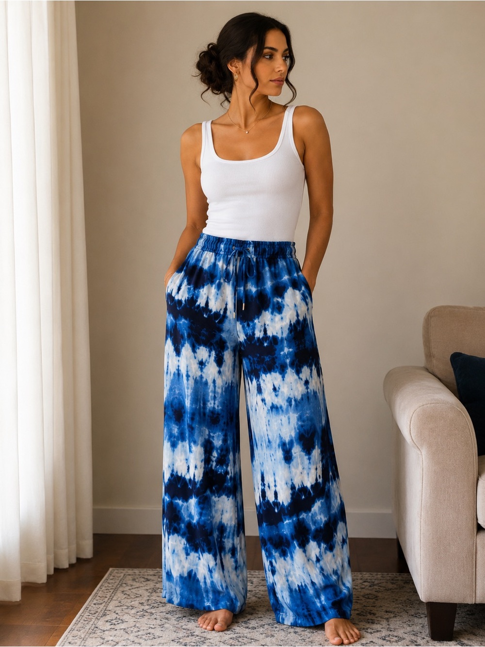 MICHAEL Michael Kors Blue & White Tie-Dye Wide Leg Pants